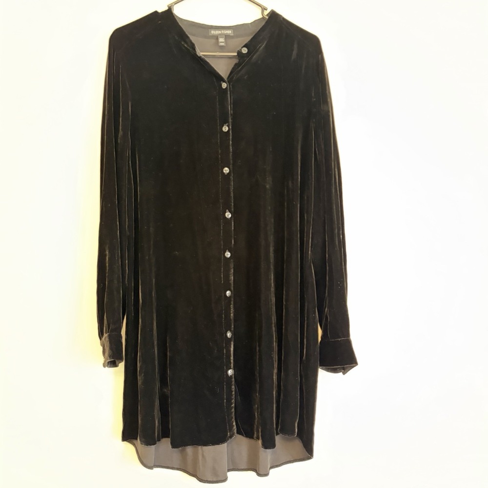 Eileen Fisher Mandarin Collar Tunic Shirt Dress Medium Black Velvet Silk Blend